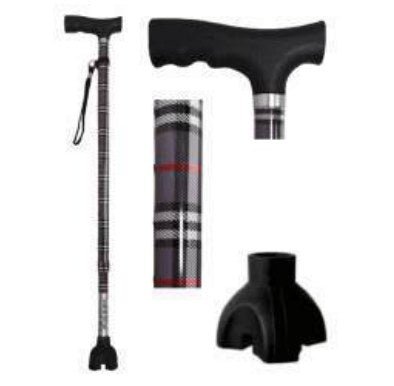 Bastone Regolabile Grigio Tartan con Impugnatura a T e Puntale con Quattro Appoggi - TR26 - Ausili Disabili Roma