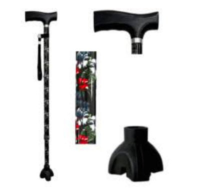 Bastone Regolabile Nero Flower con Impugnatura a T in Legno e Puntale con Quattro Appoggi - TR24