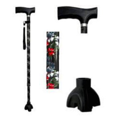 Bastone Regolabile Nero Flower con Impugnatura a T in Legno e Puntale con Quattro Appoggi - TR24 - Ausili Disabili Roma